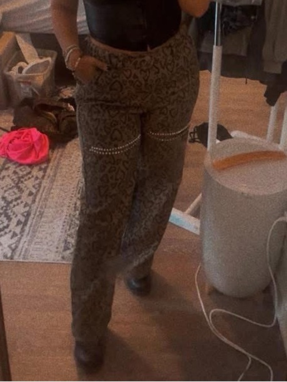 Studded Leopard Patterned Wide-Leg Pants